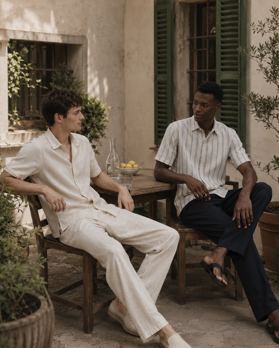 Two models in Intellect resort wear discussing a collection direction
